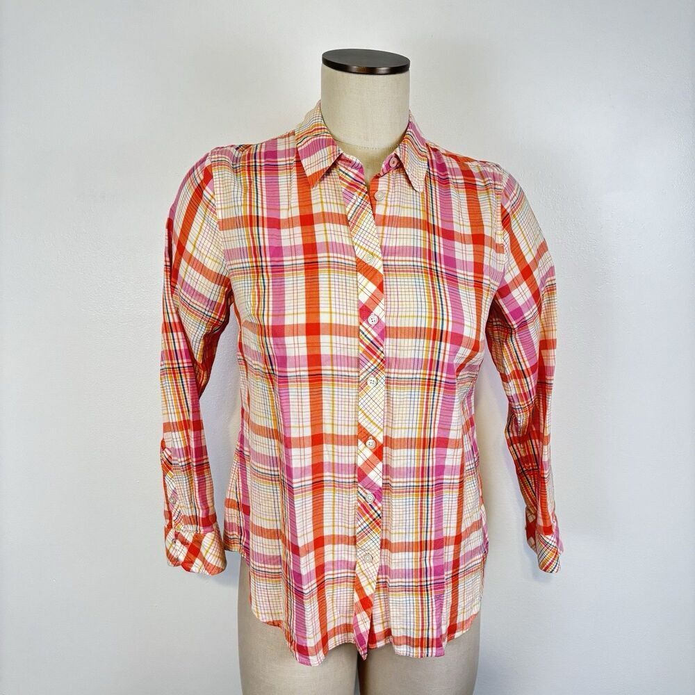 Talbots Cotton Rayon Button Front Shirt Womens Size MP Basket Plaid Orange White - Picture 2 of 7